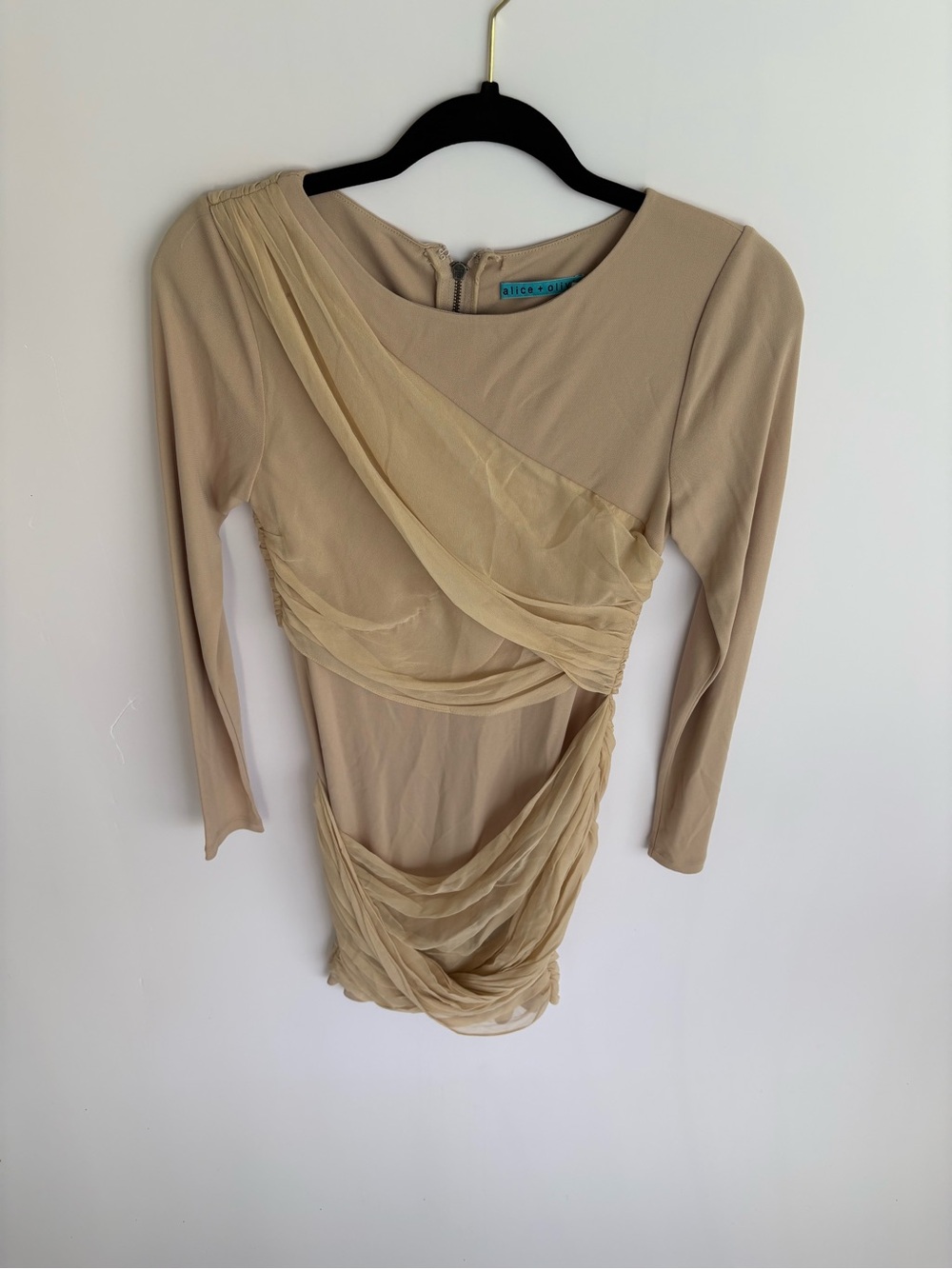 Alice + Olivia Neutral Beige Sheer-Drape Long Sleeve Dress